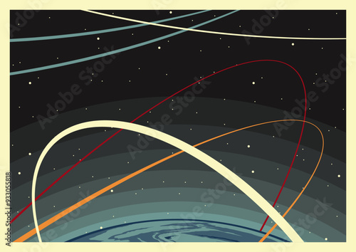 Space Posters Vector Template. Mid Century Modern Space Age Posters Style Background, 1950s - 1960s Colors and Shapes 