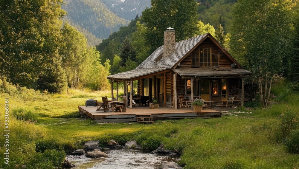 A wooden cabin with a porch and a creek. A wooden cabin with a porch and a creek.