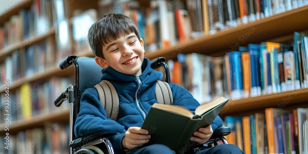 Joyful young student in a wheelchair reading a book in the library. Disabled boy engaged in learning within a classroom setting, highlighting inclusion and diversity in education. Joyful young student in a wheelchair reading a book in the library. Disabled boy engaged in learning within a classroom setting, highlighting inclusion and diversity in education.