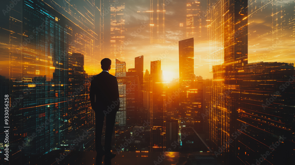 Abstract business team stands on the peak of success amid tall, innovative Smart city and graphs with statistics to analyze business potential and predict future developments in company growth.