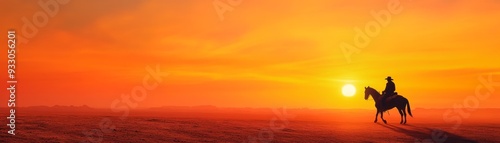 Lone Cowboy Riding into the Sunset - Silhouette of a Western Rider on Horseback in Desert Landscape