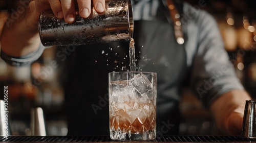 The bartender carefully pours the final cocktail into the glass from the shaker. Bartender's body against a black apron background.