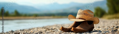 Journey's End: Abandoned Cowboy Hat and Boots by the Riverbank