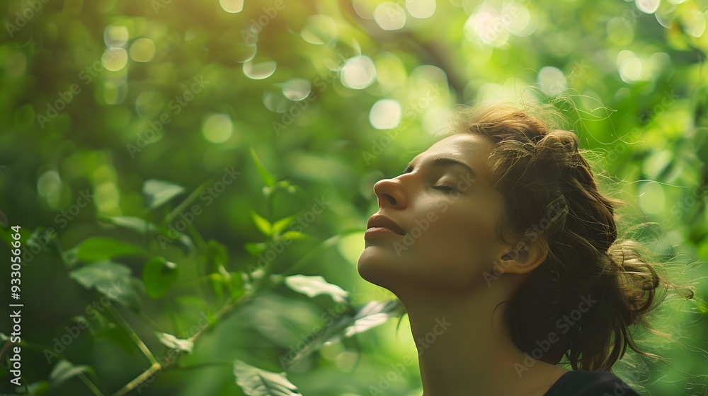 Relaxed woman breathing fresh air in a green forest. Relaxed woman breathing fresh air in a green forest.