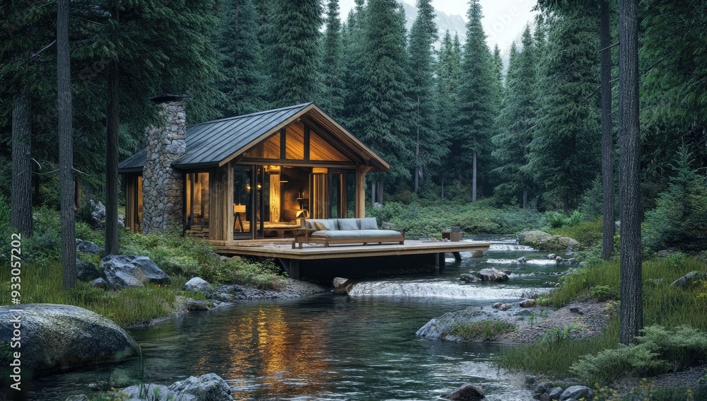 Lighted cabin on riverbank in a forest. Lighted cabin on riverbank in a forest.