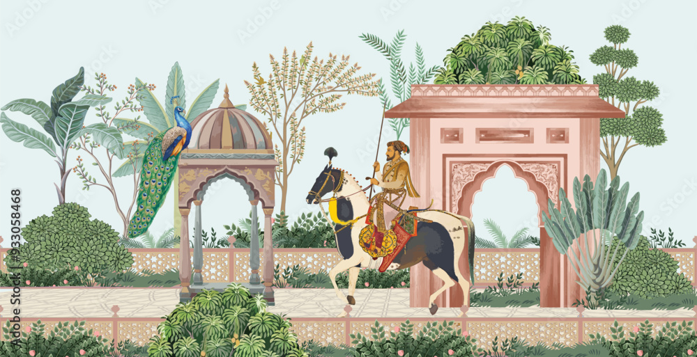 custom made wallpaper toronto digitalTraditional Mughal emperor riding a horse in a garden with peacock and tree illustration