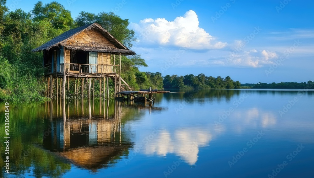 Fototapeta premium A wooden hut on stilts over a calm lake.