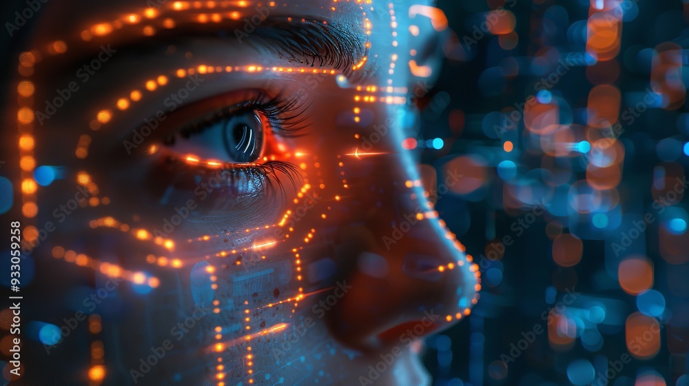 Close-up of a woman's face with a digital circuit overlay, digital facial recognition Close-up of a woman's face with a digital circuit overlay, digital facial recognition