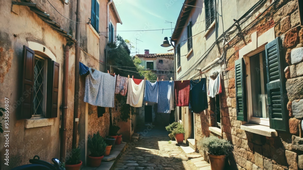 Obraz premium Clothes Hanging on a Clothesline in an Italian Alleyway