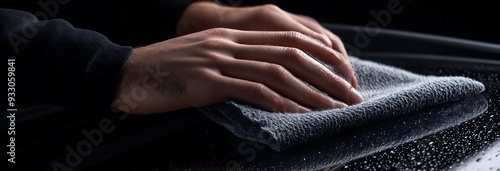 Close-up of hands using a microfiber cloth to clean a car window, against a black background