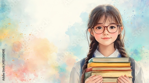 Adorable Schoolgirl Holding Books in Watercolor Art