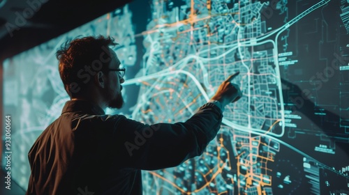 A man interacts with a large map on a high-tech digital screen, possibly strategizing or planning in a futuristic setting.