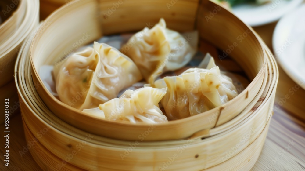 A steamer basket filled with neatly arranged dumplings, suggesting an inviting and delicious meal, meticulously prepared. A steamer basket filled with neatly arranged dumplings, suggesting an inviting and delicious meal, meticulously prepared.