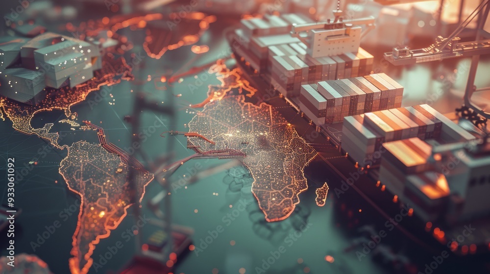 An expansive world map overlaid with glowing lines and dots shows a network of global trade routes and logistics hubs. An expansive world map overlaid with glowing lines and dots shows a network of global trade routes and logistics hubs.