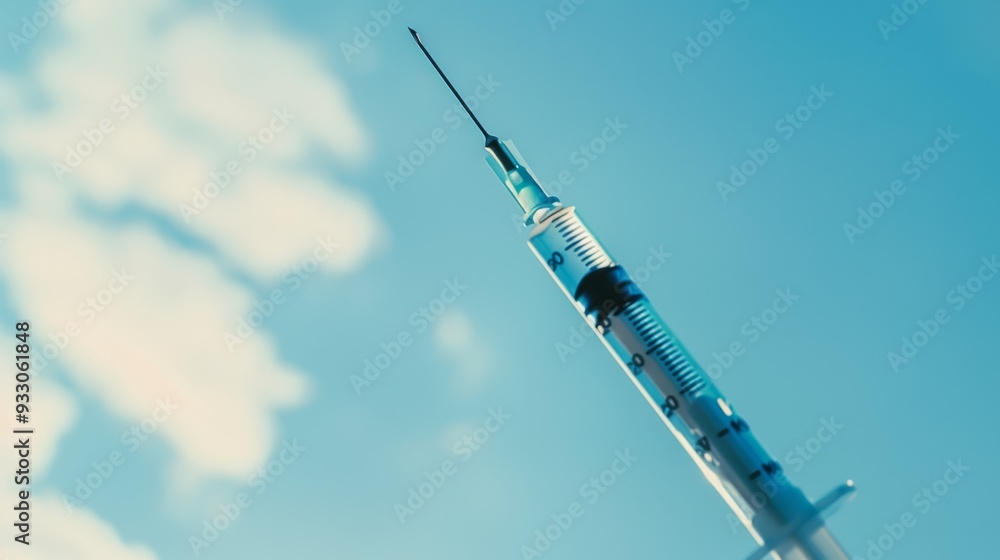 A syringe reaching towards a bright blue sky, symbolizing hope and medical advancements against a backdrop of soft white clouds. A syringe reaching towards a bright blue sky, symbolizing hope and medical advancements against a backdrop of soft white clouds.