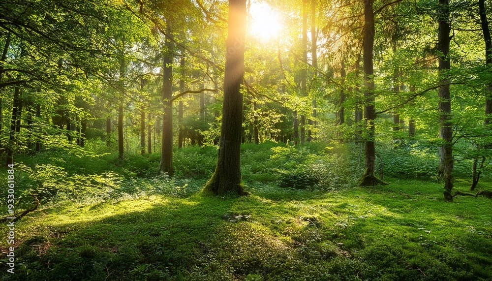 Naklejka premium A serene forest clearing with dappled sunlight.