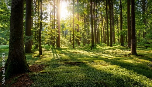 A serene forest clearing with dappled sunlight.