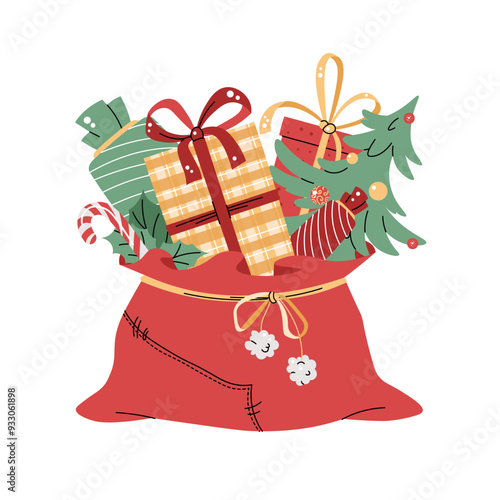 Christmas bag with gifts on isolated background.. Santa Claus s open red sack full of gifts. Isolated on white vector cartoon illustration