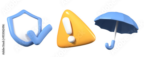 Set of 3D elements for protection, insurance concepts. Warnings about errors, violations
