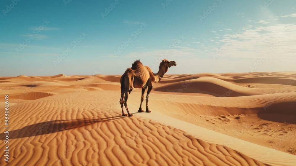 A camel stands amidst the sweeping, undulating sand dunes of a desert, with the vast and serene landscape stretching into the horizon. A camel stands amidst the sweeping, undulating sand dunes of a desert, with the vast and serene landscape stretching into the horizon.