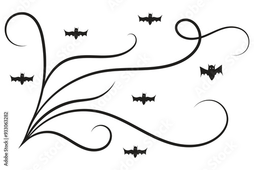 
set of Halloween Bats flourish swirls, hand-drawn fancy lines Calligraphy Ornament vine scroll decorative elements, black and white filigree curls, page decor wedding ornate holiday design element
