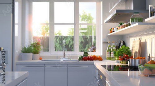 A sleek, modern kitchen with plenty of natural light, organized shelves, fresh vegetables, and an immaculate countertop.