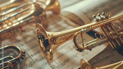 Shining brass instruments rest on music sheets, evoking the soulful energy of a symphony awaiting to be played.