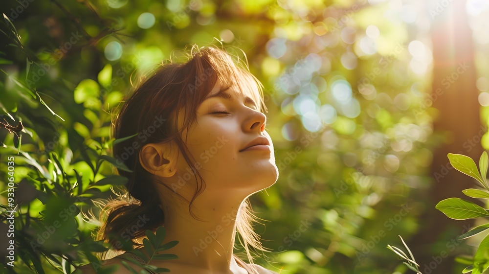 Relaxed woman breathing fresh air in a green forest. Relaxed woman breathing fresh air in a green forest.