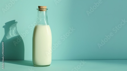 A minimalistic glass bottle of milk stands against a soft teal background, casting a gentle shadow, creating a clean and refreshing visual.