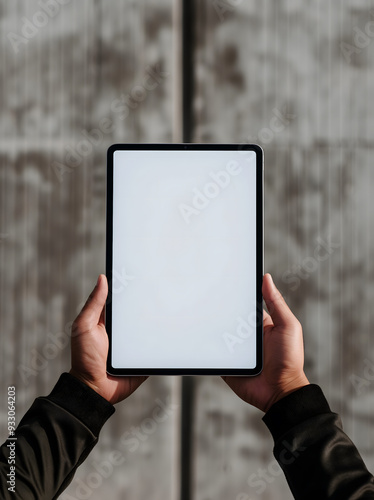 Minimalistic Symmetry Mock-Up: Man Holding iPad with White Screen