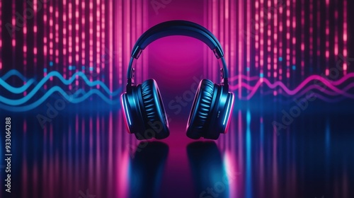 Vibrant Neon Headphones with Abstract Lighting Background photo