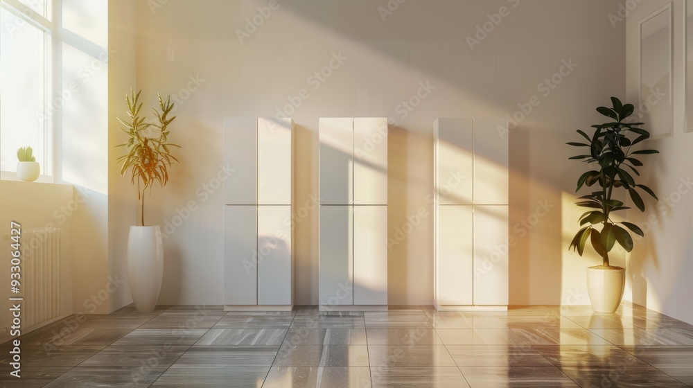 Sunlight streams into a minimalist room, casting long shadows and creating a peaceful, airy atmosphere with potted plants and sleek white furniture. Sunlight streams into a minimalist room, casting long shadows and creating a peaceful, airy atmosphere with potted plants and sleek white furniture.