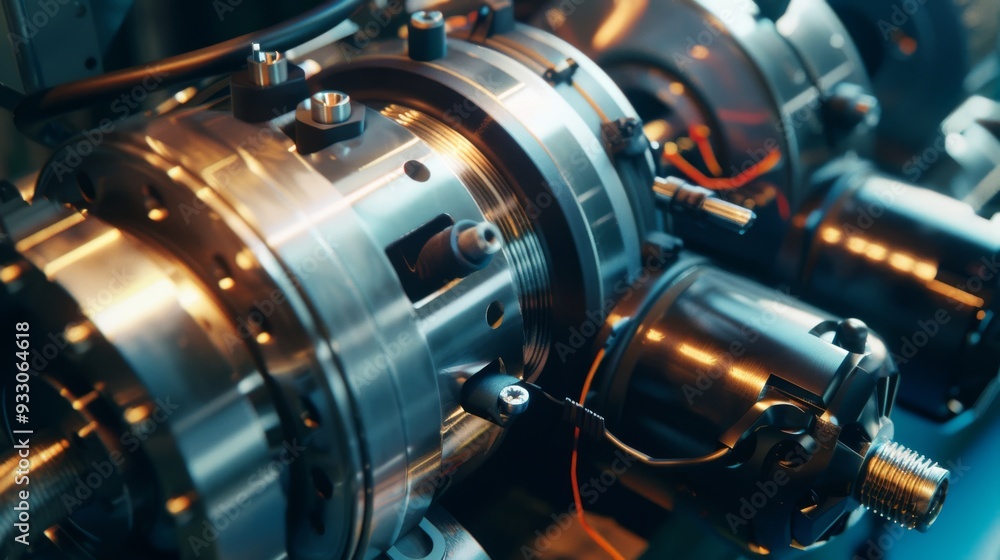 A close-up of an intricate industrial machine with metal components gleaming under focused lighting, showcasing precision engineering. A close-up of an intricate industrial machine with metal components gleaming under focused lighting, showcasing precision engineering.