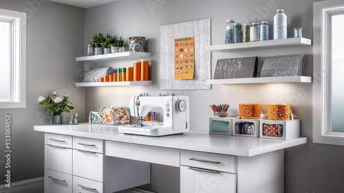 Bright sewing room with a machine, organized shelves, and vibrant threads, perfect for creative crafting and DIY projects.