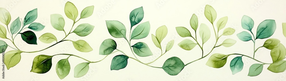 Fototapeta premium Watercolor leaf pattern, seamless design, repeating leaf motifs, varied shades of green, balanced composition, flowing movement, Watercolor style