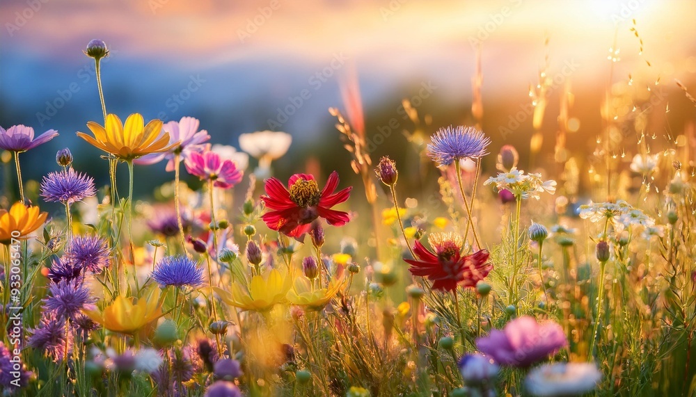 Fototapeta premium A close-up of vibrant wildflowers in a meadow.