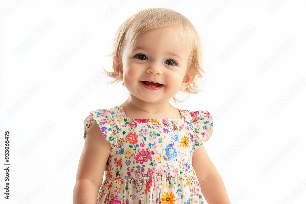 Adorable toddler girl with blonde curls and big brown eyes posing in a floral dress Adorable toddler girl with blonde curls and big brown eyes posing in a floral dress