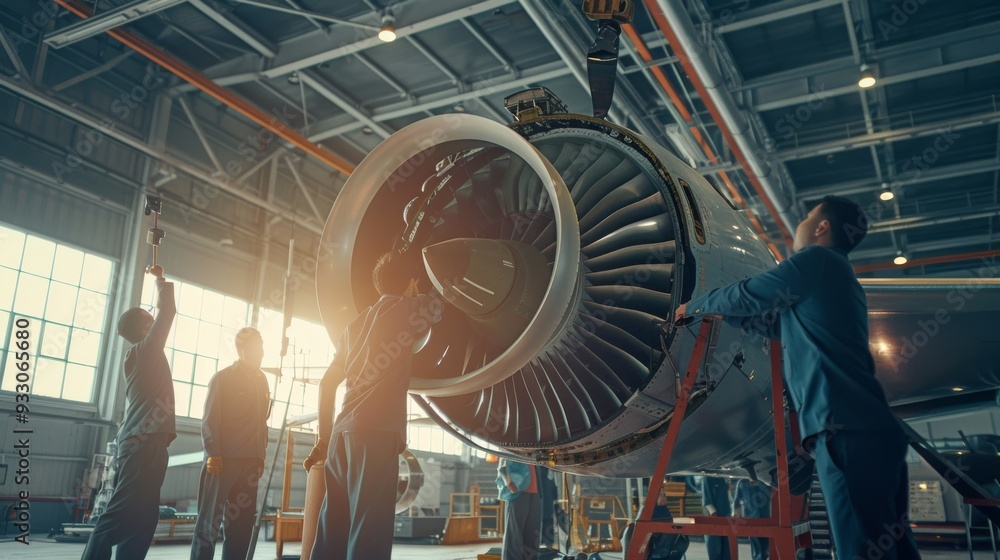 Engineers work on large aircraft engines in a hangar, utilizing tools ...
