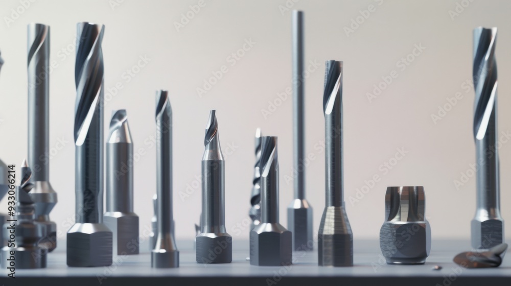 A captivating display of various drill bits arranged in a neat row, casting detailed shadows and exuding precision and craftsmanship. A captivating display of various drill bits arranged in a neat row, casting detailed shadows and exuding precision and craftsmanship.