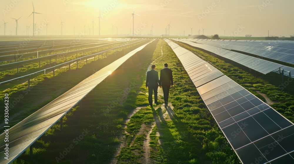 Fototapeta premium Two individuals in business attire walk through a vast solar farm at sunset, symbolizing collaboration for renewable energy and a sustainable future.