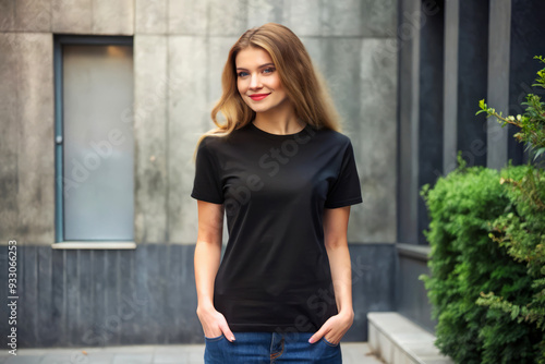 Young Woman in Black T-Shirt Mockup. T-shirt design mock up.