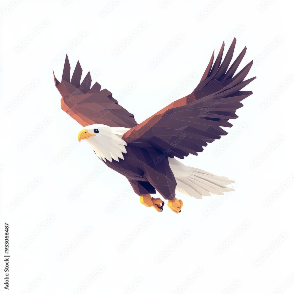 Fototapeta premium 3D low-poly model of an eagle in flight, white background,