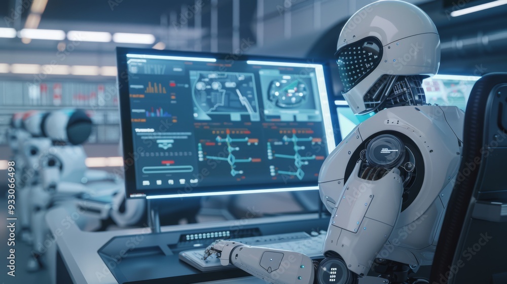 A futuristic scene of a robot analyzing data on multiple screens in a high-tech lab, showcasing the advanced integration of robotics and technology. A futuristic scene of a robot analyzing data on multiple screens in a high-tech lab, showcasing the advanced integration of robotics and technology.