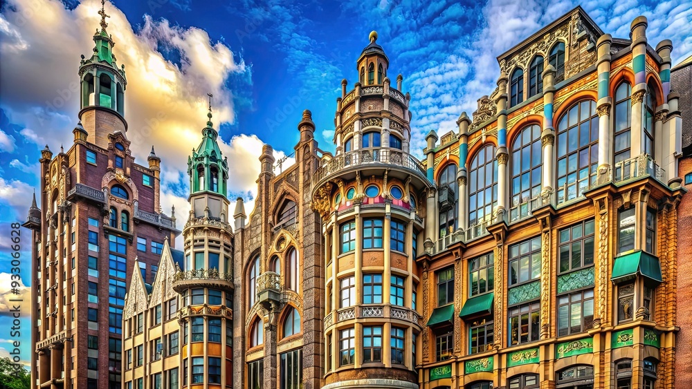Fototapeta premium Vintage Art Nouveau towers rise high, their sinuous lines and organic curves a testament to the era's fascination with flowing shapes and ornate glasswork.
