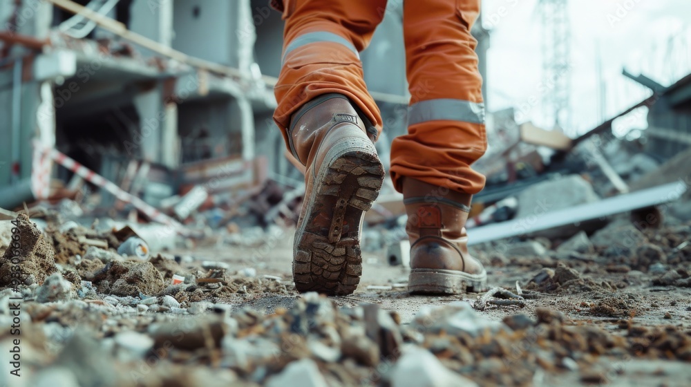 A construction worker in orange overalls and boots, walking through a rubble-strewn site, symbolizing hard work and resilience. A construction worker in orange overalls and boots, walking through a rubble-strewn site, symbolizing hard work and resilience.