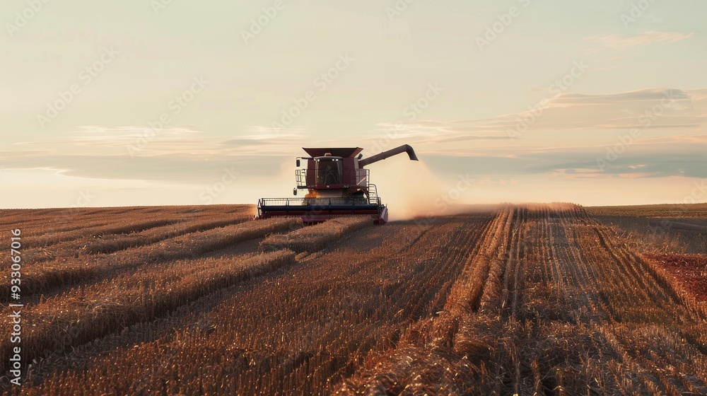 Fototapeta premium A combine harvester moves through a vast wheat field at sunrise, creating rows of neatly cut crops beneath a sky painted with soft morning hues.