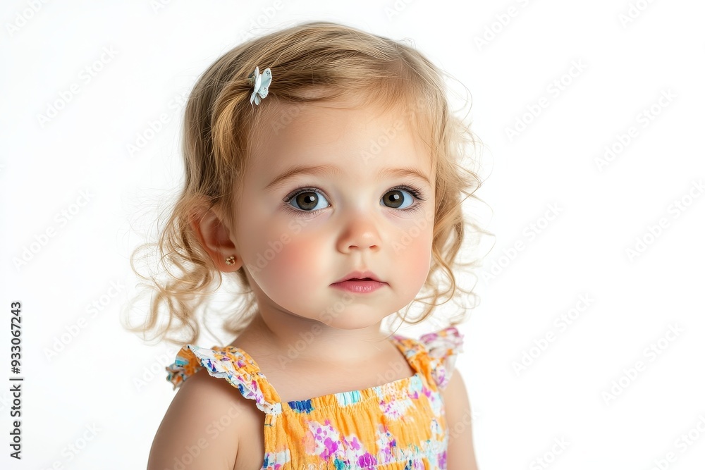 Close-up portrait of a toddler girl with curly hair wearing a colorful dress on a white background