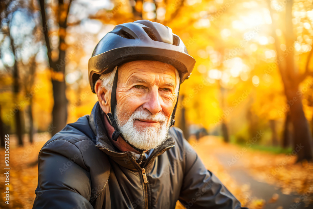 Senior Man in Helmet Smiling in Autumn Park. Senior Man in Helmet Smiling in Autumn Park.