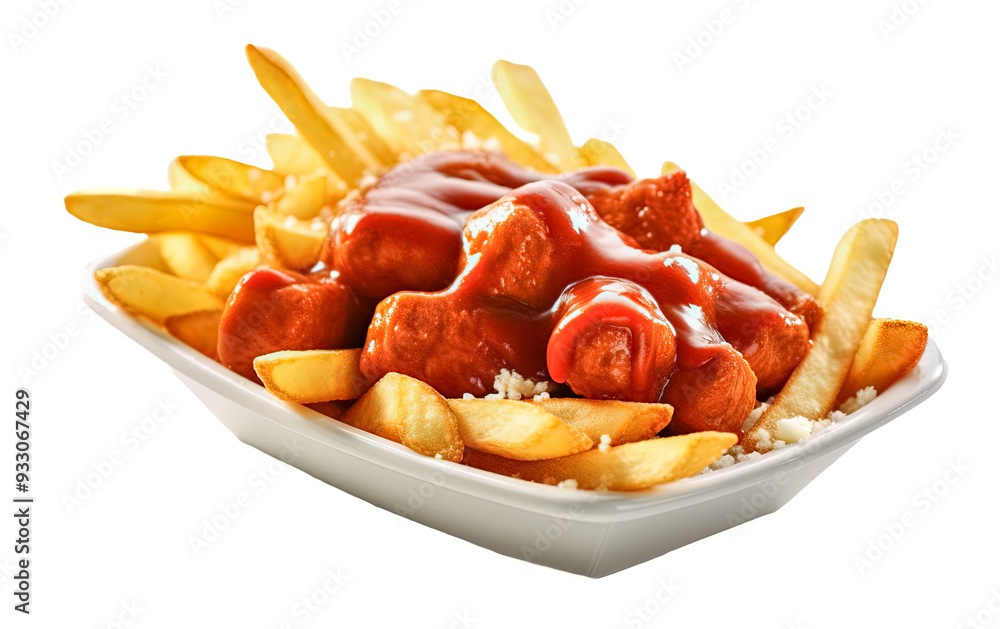 Leckere Currywurst mit Pommes, freigestellt vor transparentem Hintergrund, Generative AI