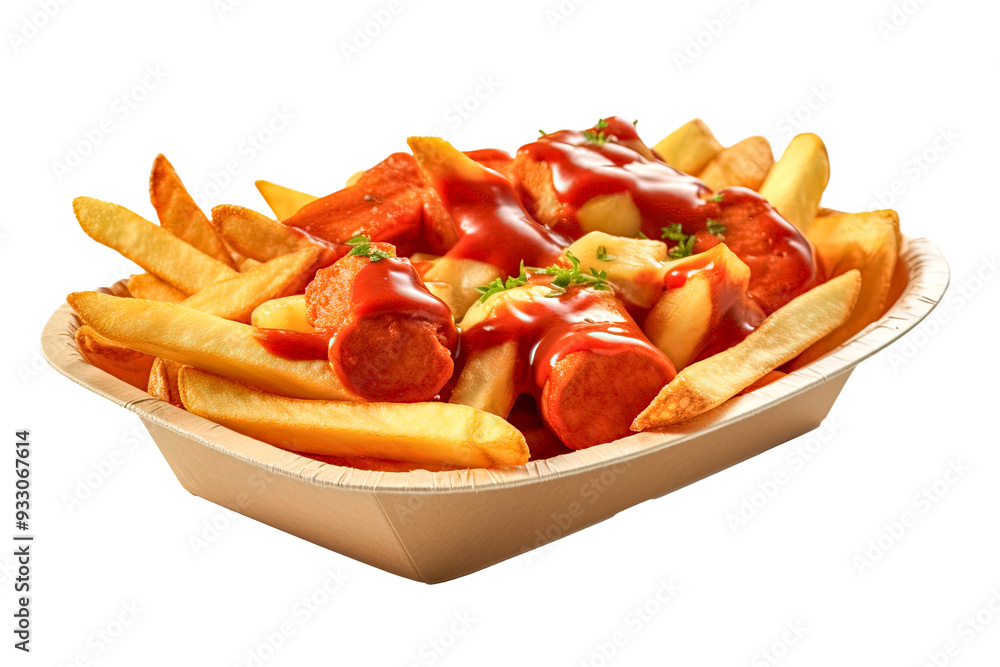 Leckere Currywurst mit Pommes, freigestellt vor transparentem Hintergrund, Generative AI
